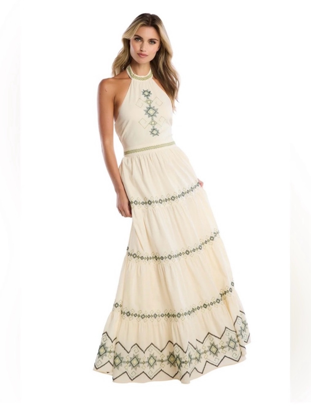 NWT ALLISON NEW YORK Embroidered Halter Maxi Dress